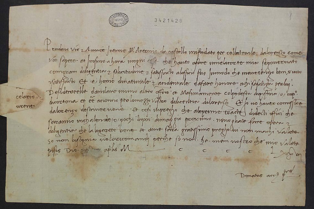 Lettera di raccomandazione di Antonio da Castello, 1488